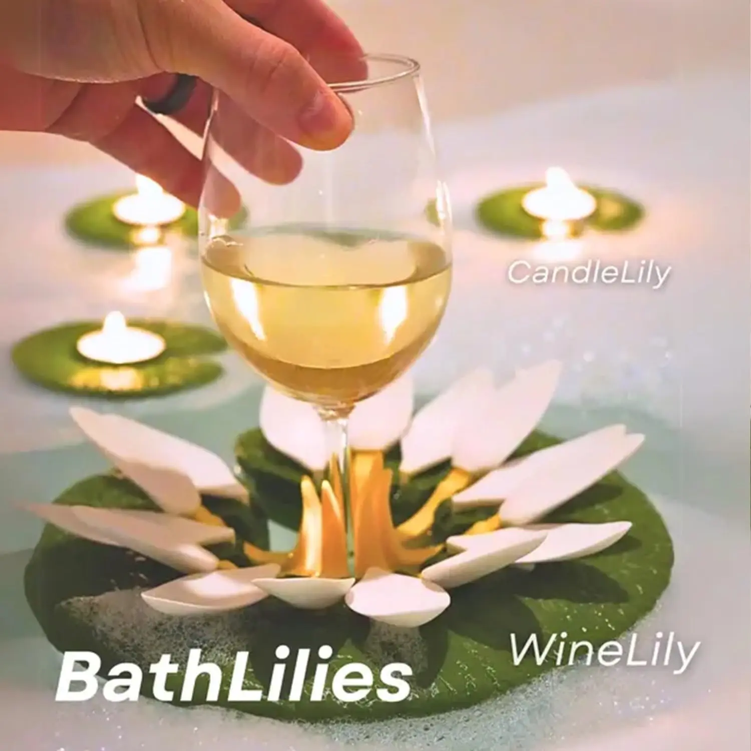 Floating Lotus Bath Wine Glass Holder and Candle Float Set for Tub Tealight Holder Wine Bottle Stand and Elegant Bathroom Decor