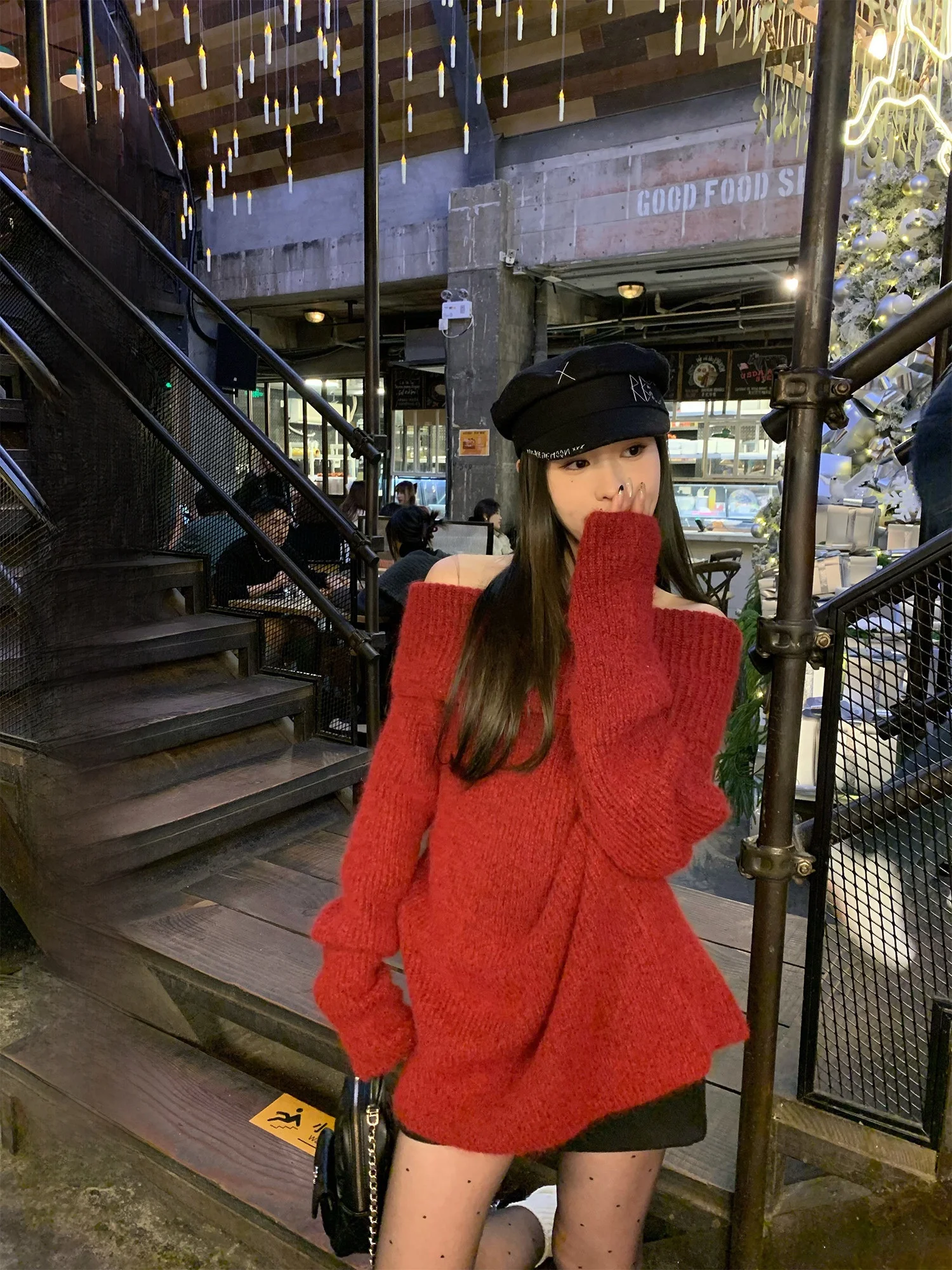 

Red Cisas Theme Two-Way Wear Knitted Sweater Women's Autumn Winter Ele Design oulder Baring Knitwear Top