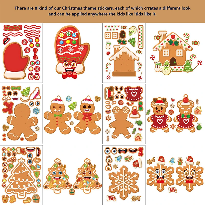 6/8Sheets Cute Christmas Puzzle Stickers Make A Face Gingerbread Man Snowflake Party Decoration Kids Assemble Jigsaw DIY Toys