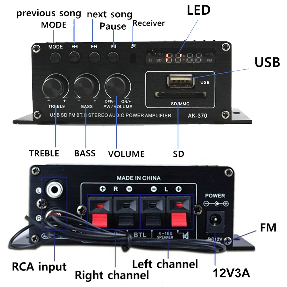 AK370 مضخم الصوت بلوتوث 5.0 HIFI قوة الصوت مكبر صوت استيريو باس أمبير RCA FM قناة 2.0 لأنظمة AV المنزلية تيار مستمر 12V3A