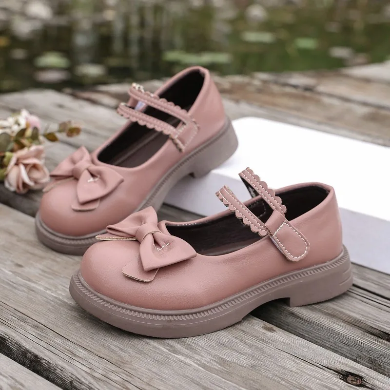 Kids Leather Shoe Cut-outs Non-slip Princess Shoes for Girls Sweet Fashion Children Causal School Walking Flat Shoes Beige 26-36
