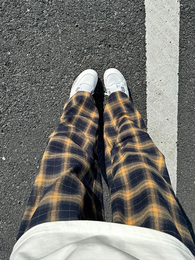 

American Retro Yellow Plaid Wide Leg Pants Men's Autumn Winter Lazy Sle Cheered Loose Straight Casual Trousers