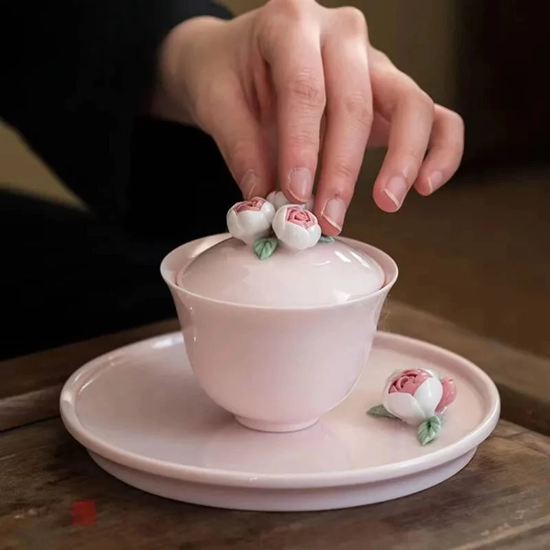 

100ml Jade Mud Powder Hand Pinching Flowers Sancai Covered Bowl Ceramic Household Tea Bowl Kung Fu Tea Set Infuser Accessories