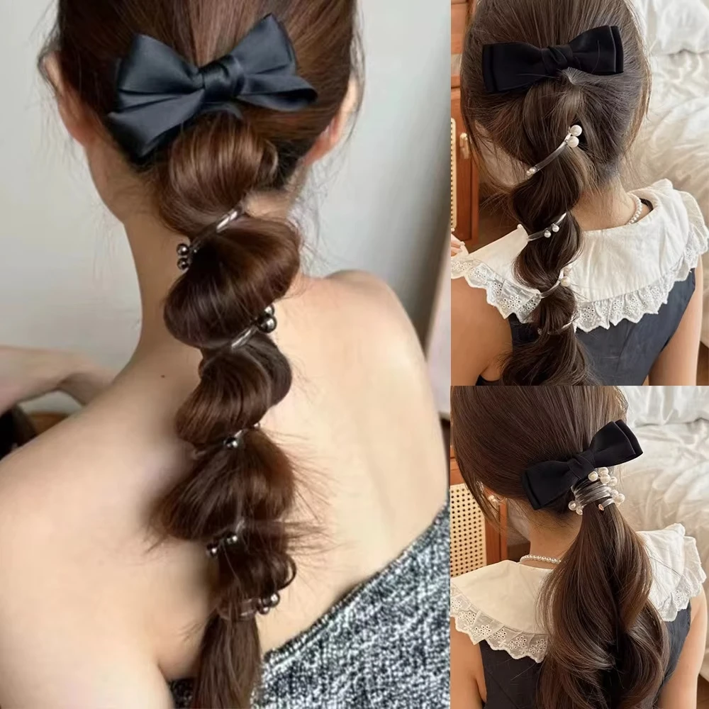 Sweet Bow knot Telephone Line Hair Loop High Elastic Bands Spiral Coil Bubble Braid Headband Hair Accessories