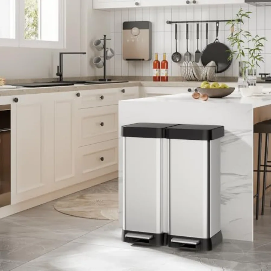 

16 Gallon Dual Compartment Trash Can, 60L 2x30L Stainless Steel Step Trash and Recycling Bin, Soft Close Lid, Fingerprint Proof