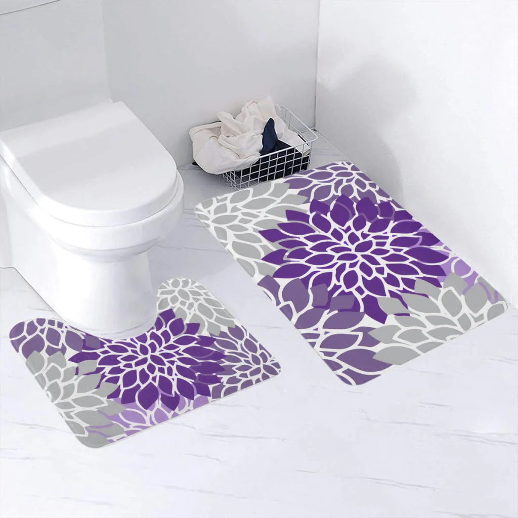 2-Piece Bathroom Rug Set, Toilet Mat,Carpet, Durable, Ultra Soft, Non-Slip, Washable, Purple and Grey Floral