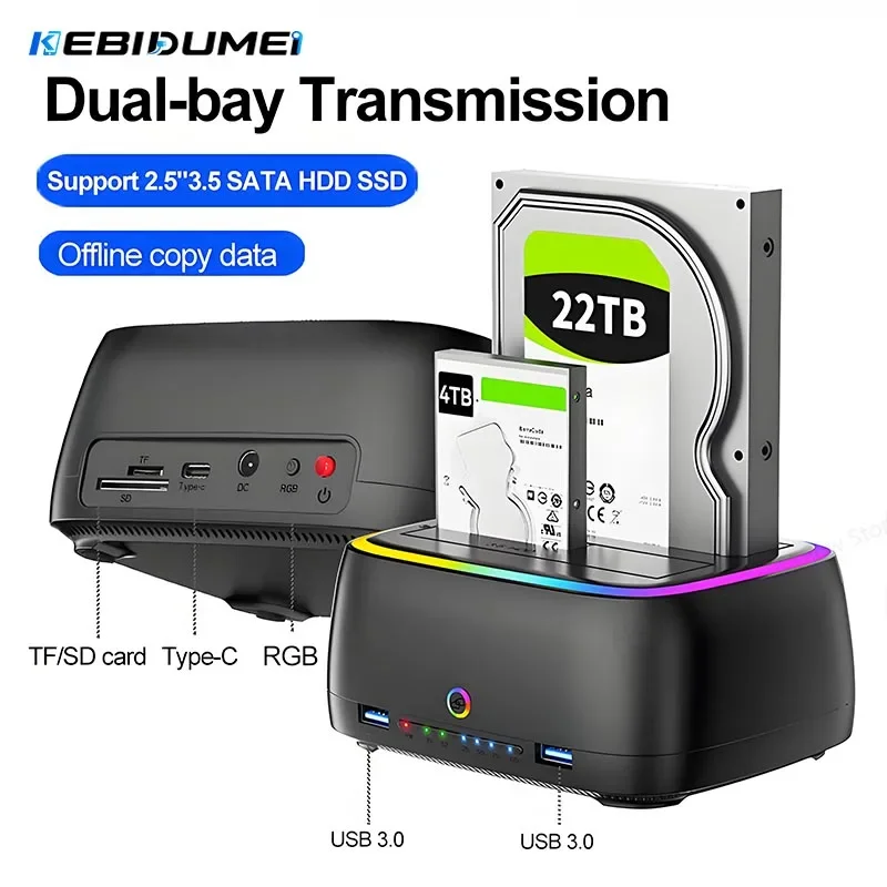 KEBIDUMEI Dual-bay RGB HDD Docking Station SATA to USB 3.0 Adapter for 2.5/3.5 Inch HDD Case Offline Clone Hard Drive Enclosure