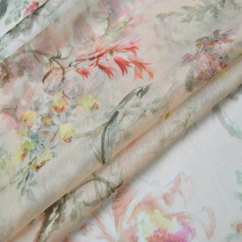 

Новейшая цветочная птица с красивым принтом, 100% чистый шелк, морщинистая шифоновая ткань из жоржета для женщин, летнее элегантное платье, кимоно