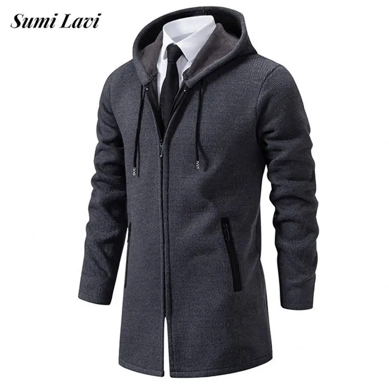 

Fall Winter Outdoor Casual Warm Fleece Knit Coat Men Casual Solid Color Zipper Hooded Sweater Cardigans Mens Vintage Sweatercoat