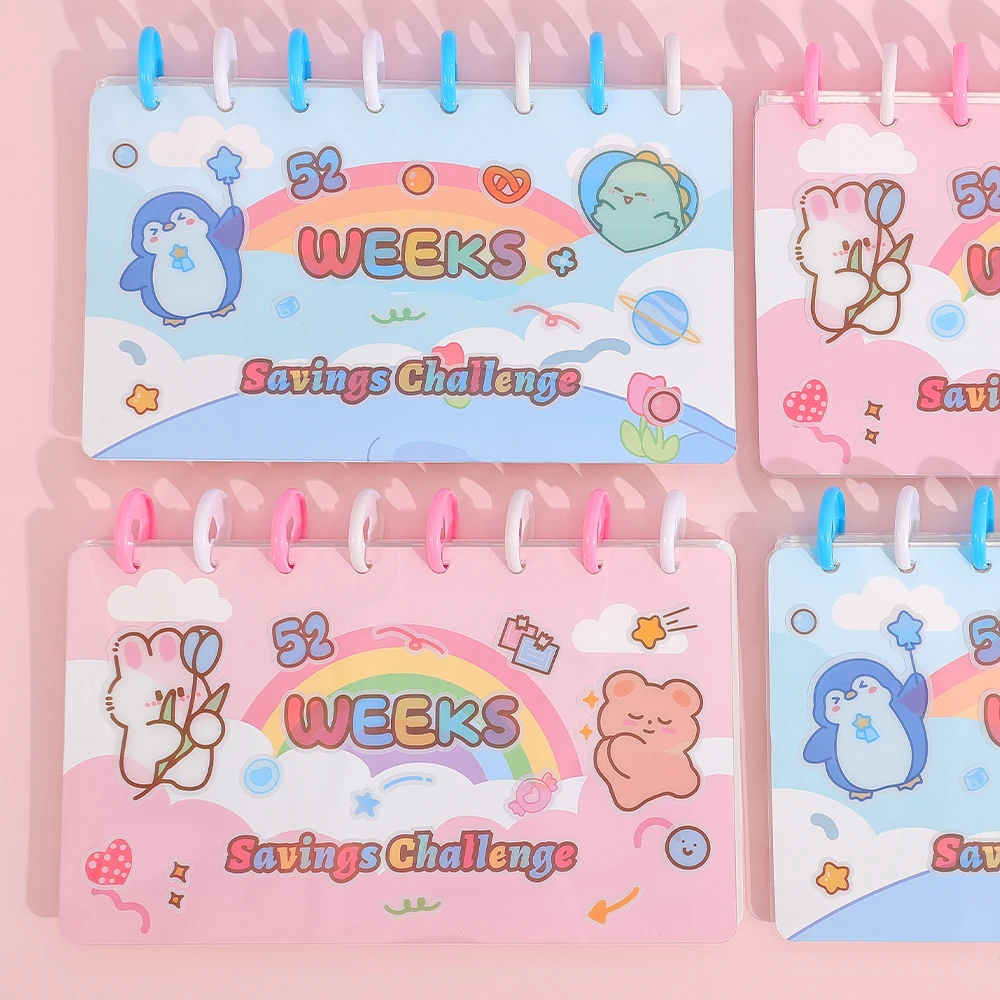 18 Sheets Cute Cartoon Savings Planner With Envelopes and Stickers 52 Weeks Challenge PVC Waterproof Hardcover Budget Planner