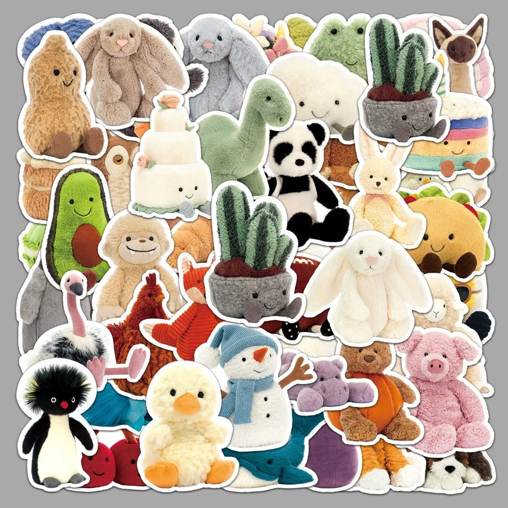 10/51pcs Cute Doll Plush Rabbit Bear Penguin Cartoon Stickers Children Decals Decor DIY Guitar Car Bike Wall Graffiti Decals Toy