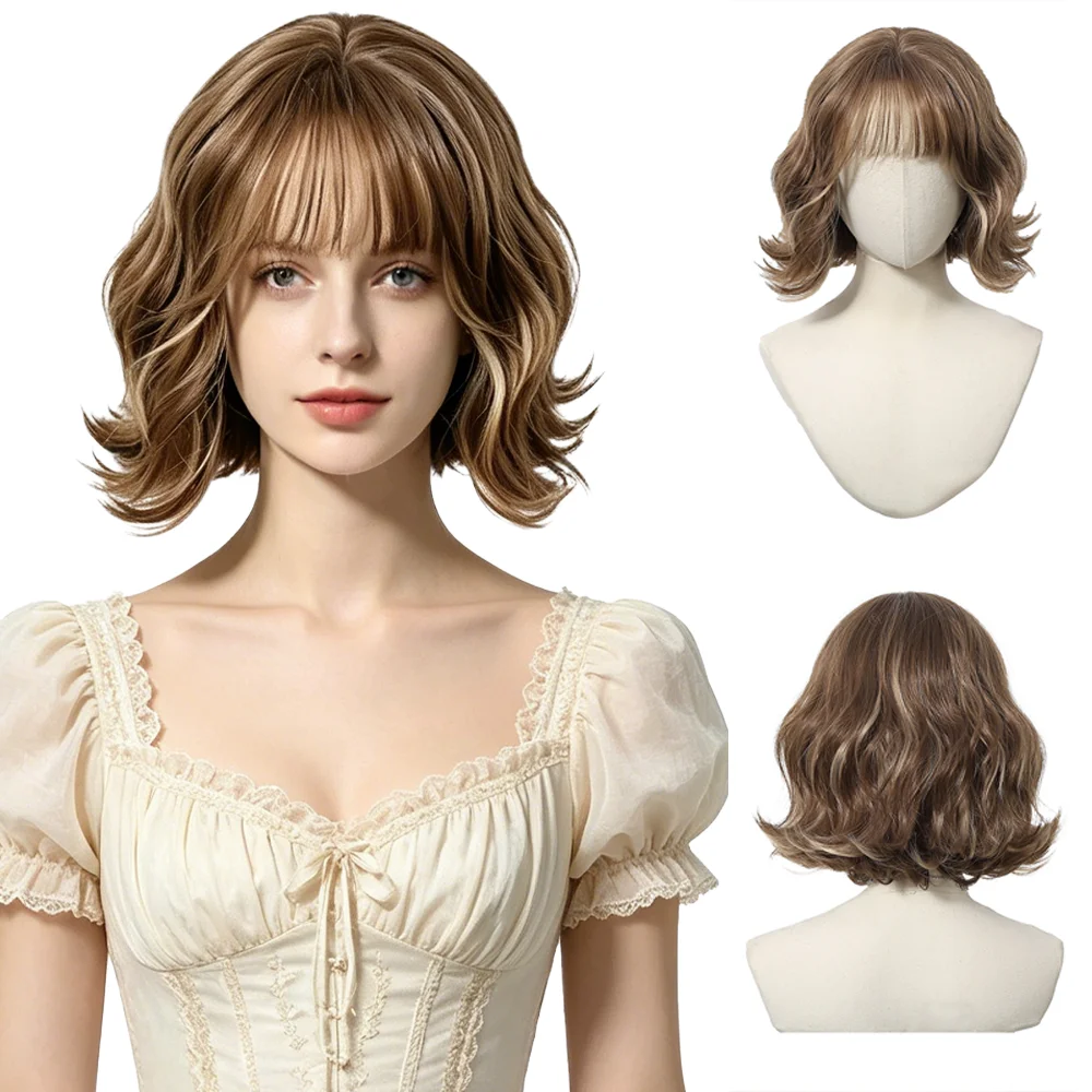 

Ombre Brown Blonde Wavy Short Curly Bob Wig with Bangs For Women Natural Heat Resistant Synthetic Wig Daily Party Cosplay Use