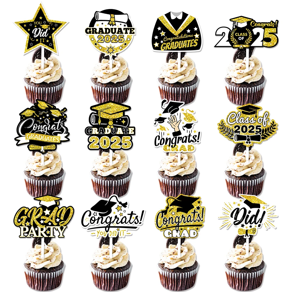 12 Stück Cupcake-Topper für den Abschluss, Klasse 2025, Lebensmittel-Vorspeisen-Picks, glitzernde Cupcake-Picks für Abschlussfeier-Zubehör