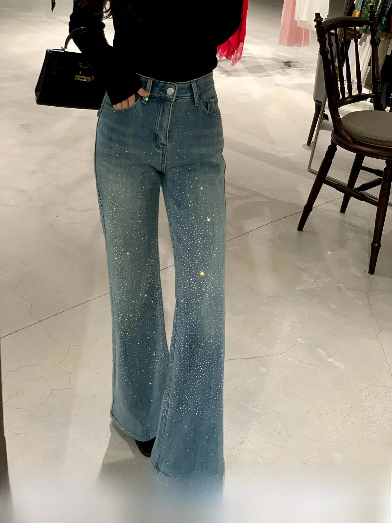 

Женские джинсы с высокой талией и широкими штанинами, свободного кроя, из хлопкового денима, с декором из страз, весенняя модная коллекция