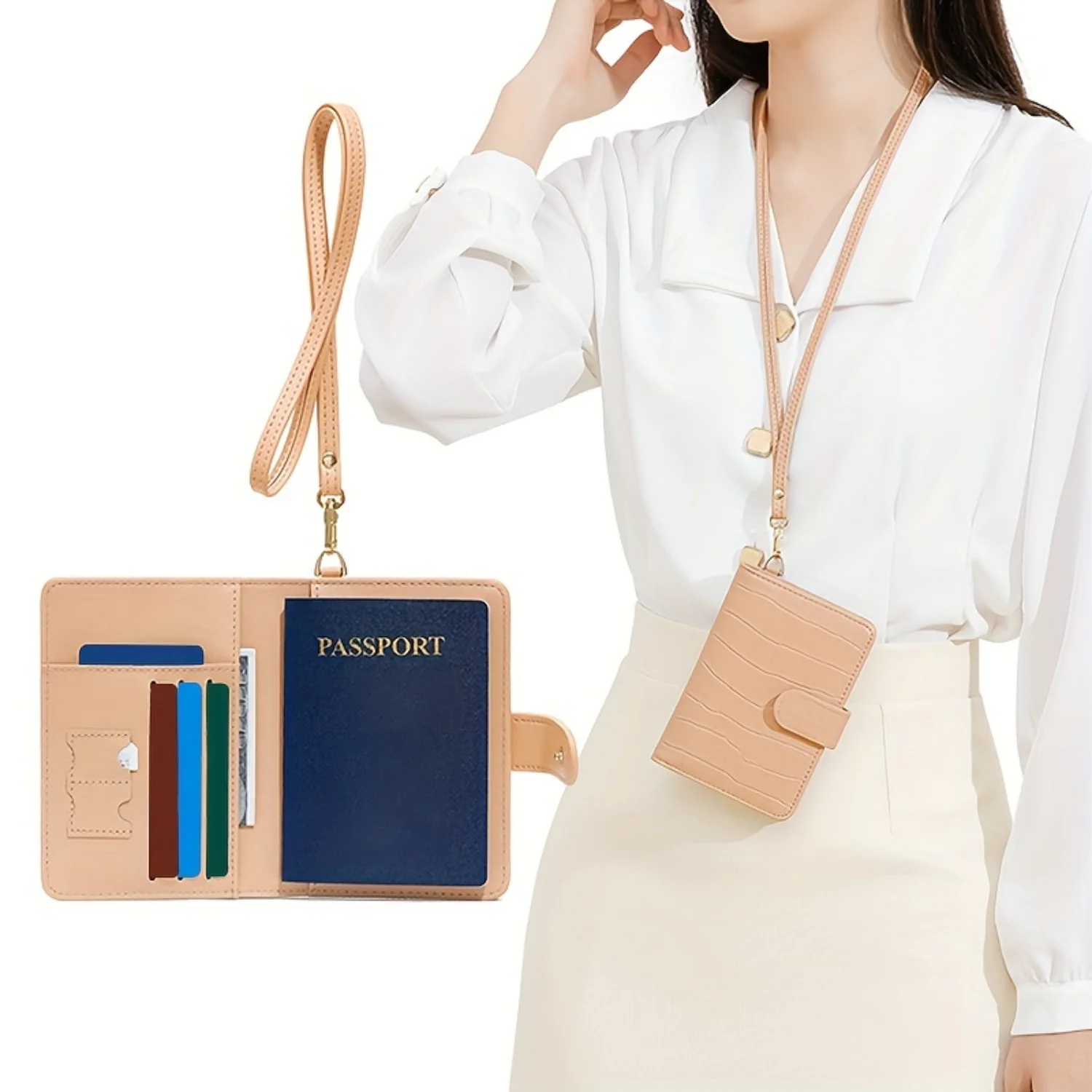 Korean Style Women's Mini PU Passport Holder & Travel Wallet with Detachable Neck Strap, Card Slots, and Coin Pouch