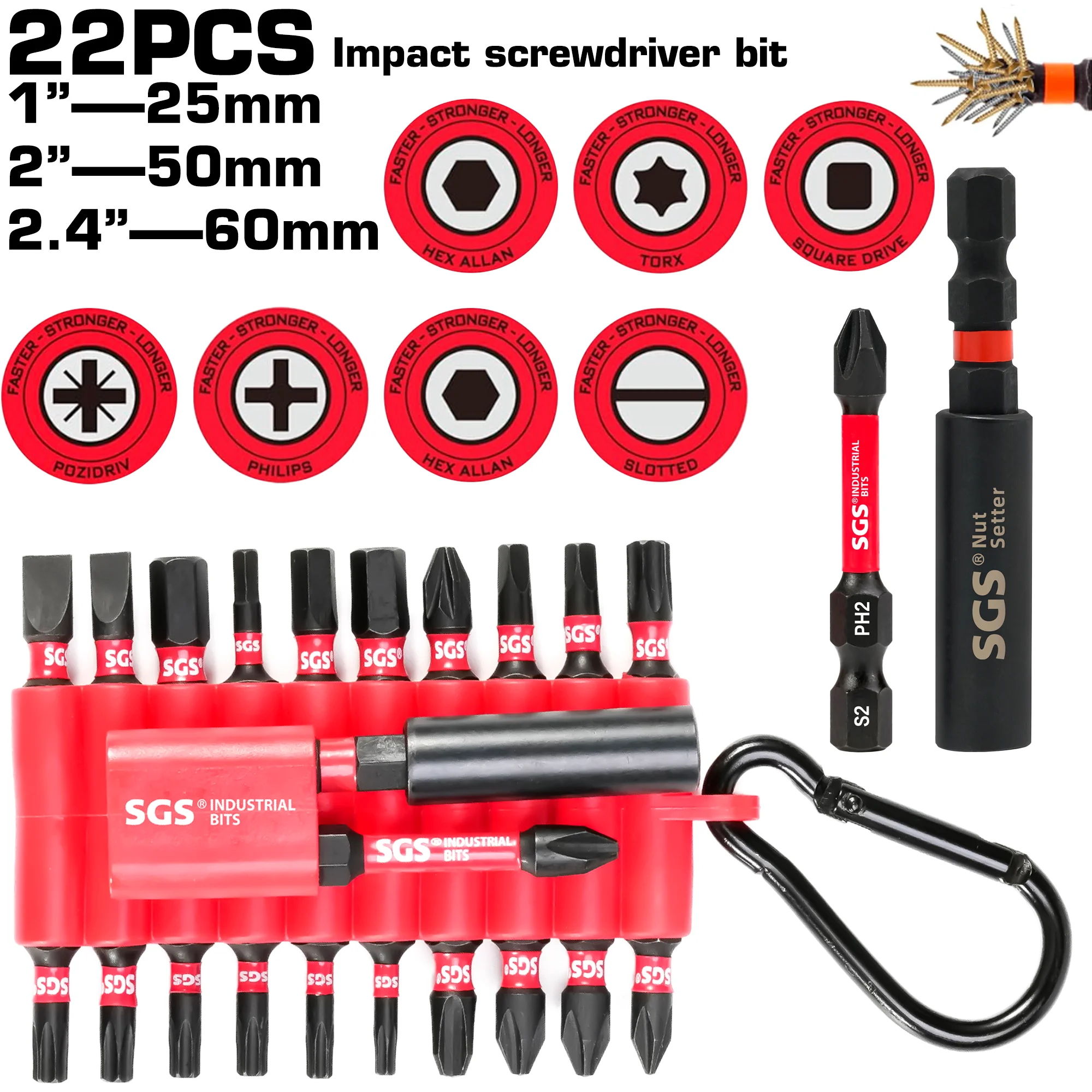 

22Pcs 25/50mm S2 Steel Screwdriver Set, Including Star, Square, Phillips, and Flathead Bits, with One 60mm Extension Rod, Equipped with a Rubber Sleeve and Clip, Easy to Carry