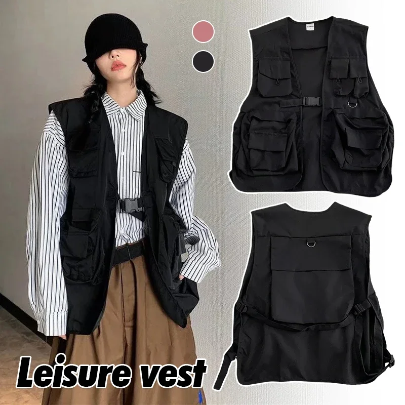 

Multi Pockets Cargo Waistcoat Solid Color Hip Hop Style Women Men Cargo Waistcoat Sleeveless Loose Buckle Closure Jackets Vests