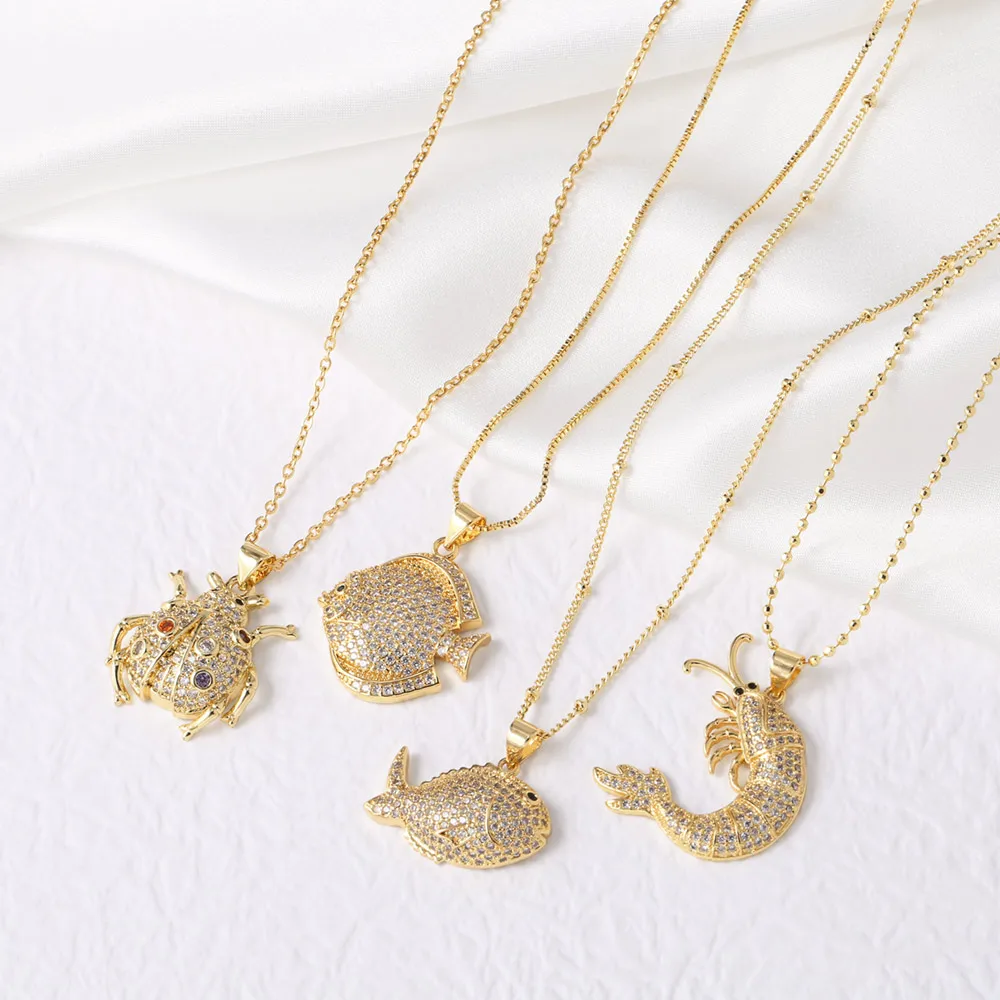 FLOLA 絶妙なクリアクリスタル魚ロブスターネックレス女性のためのゴールドメッキてんとう虫ネックレス CZ ジュエリーギフト nkeb290