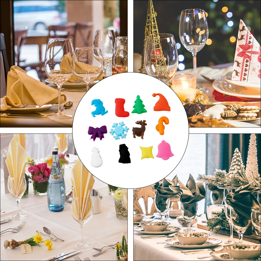 

12pcs Christmas Wine Glass Marker Silicone Cup Maker For Xmas Party Drink Identifier Reusable Eco Friendly Design Decor