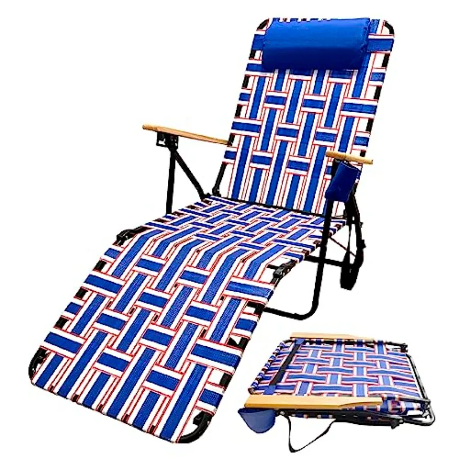 

Webbing Patio Lounger Steel Chaise Lawn Chair Foldable Outdoor Great for Patio Camping Backyard Pool Wood Handles
