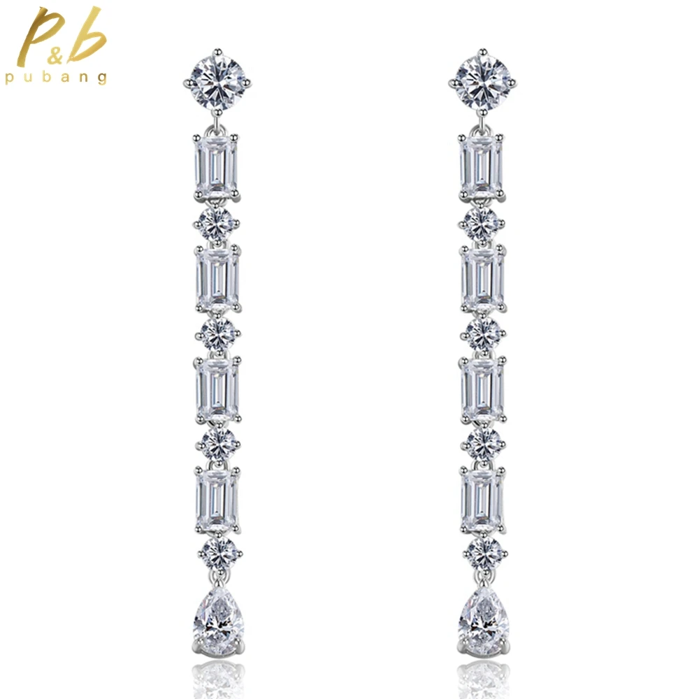 PuBang Fine Jewelry Real 925 Sterling Silver Sapphire Created Moissanite Tassel Drop Earrings for Women Party Gift Drop Shipping