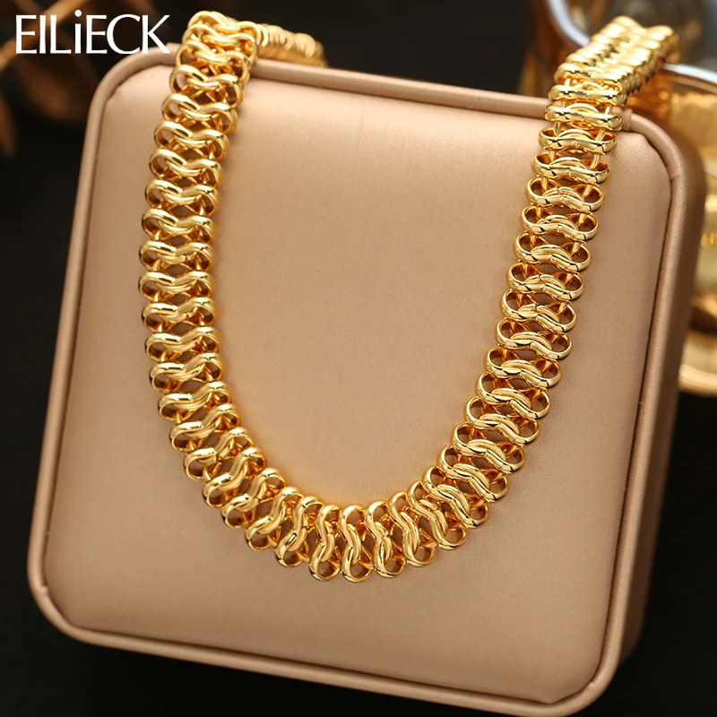 EILIECK 316L Stainless Steel Chain Necklace Minimalist Metalic Texture 18 K PVD Plated Statement Collar Necklace Jewelry Gift