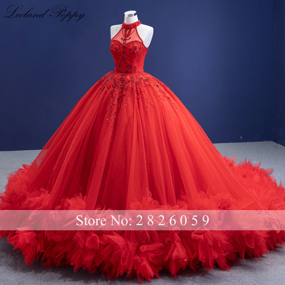 Lceland Poppy Customized O Neck Ball Gown Tulle Wedding Dresses Sleeveless Crystal Beaded Bridal Gowns with Chapel Train