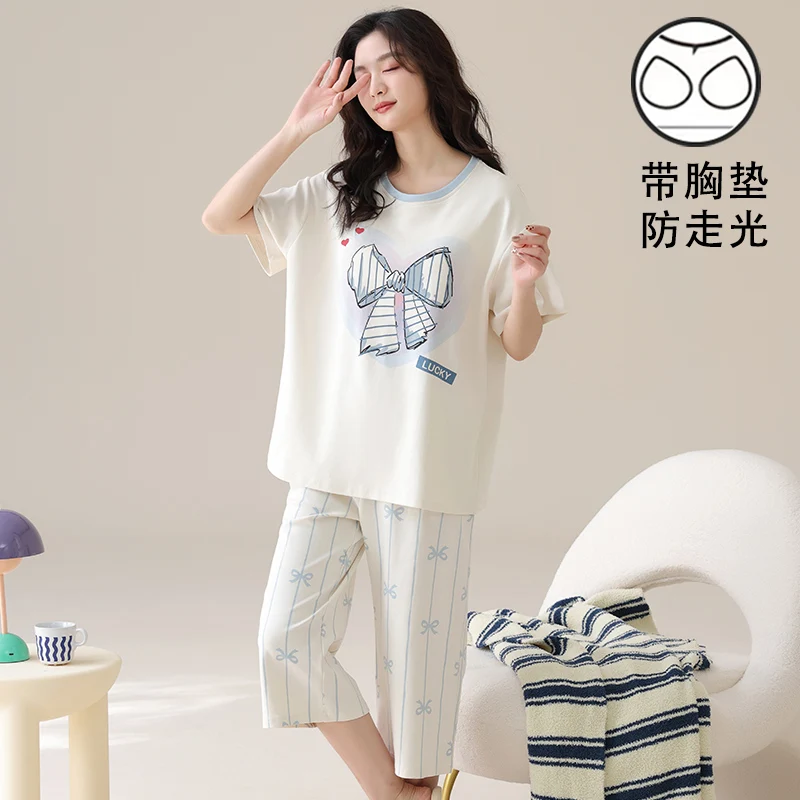 

High Quality Summer Short Sleeve Pajama Sets Women 100% Cotton Home Clothing Female Calf-Length Pants Pyjamas