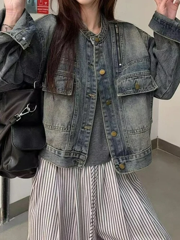 

Винтажная укороченная джинсовая куртка для женщин в корейском стиле, свободного кроя, повседневная, осенняя, модная верхняя одежда для миниатюрных женщин