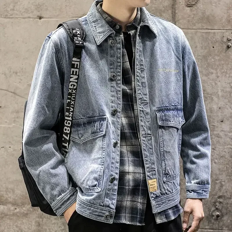 Male Jean Coats Loose Casual Trendy Men's Denim Jacket Y2k of Fabric Korean Popular Clothes Low Cost Japanese Retro Fast Delvery