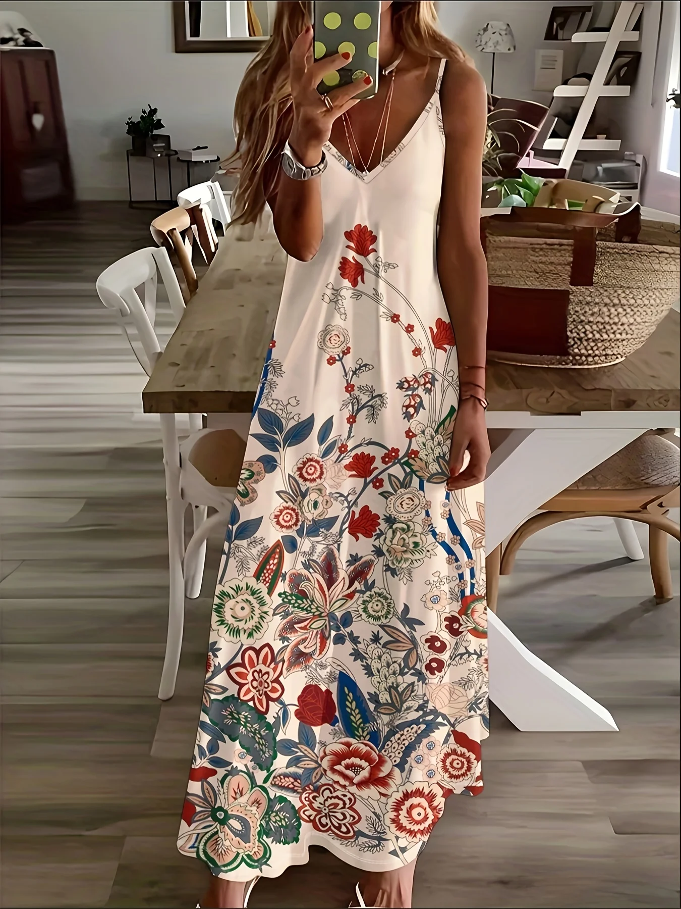 

Платье женское с цветочным принтом в повседневном стиле, с красными, синими и зелеными акцентами.