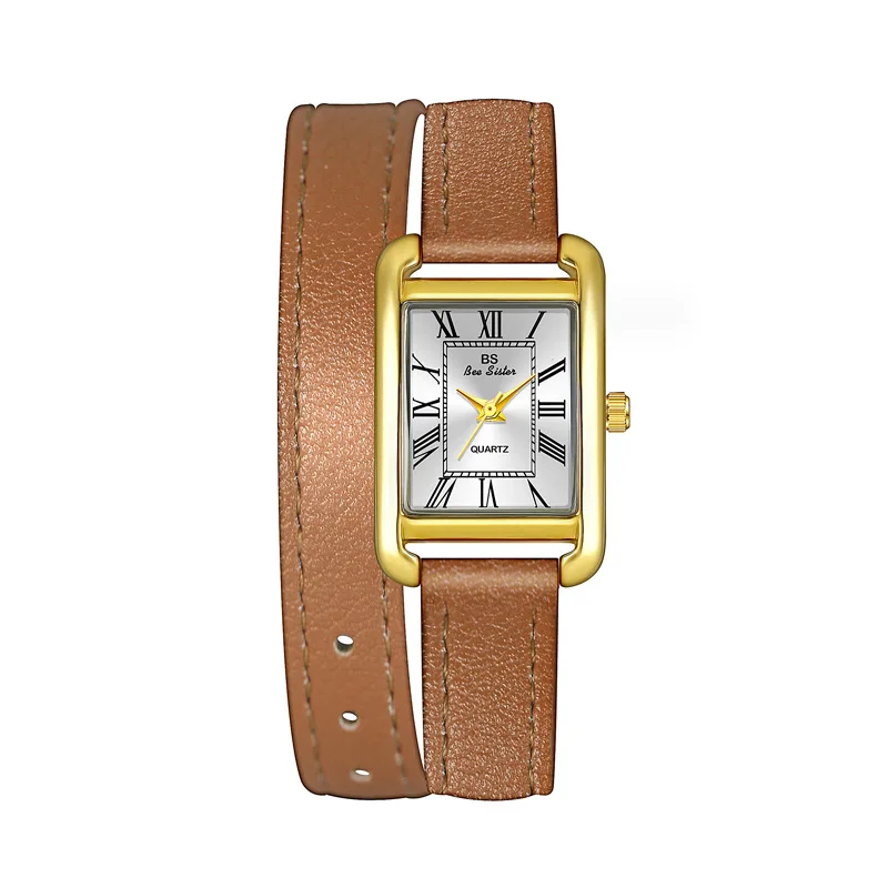 Vintage Calfskin Watch Strap Rectangular Small Dial Quartz Gold Watch Fashion Waterproof Brown Women\'s Wristwatch Montre Femmes