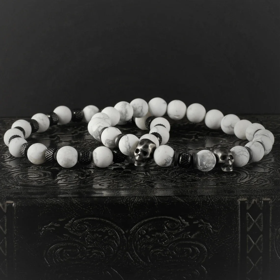 [Retro Skull Bracelet] 2pcs/set Blue Natural Stone Men's Elastic Bracelet | Retro Polygonal Skull Head Stone Bead Bracelets
