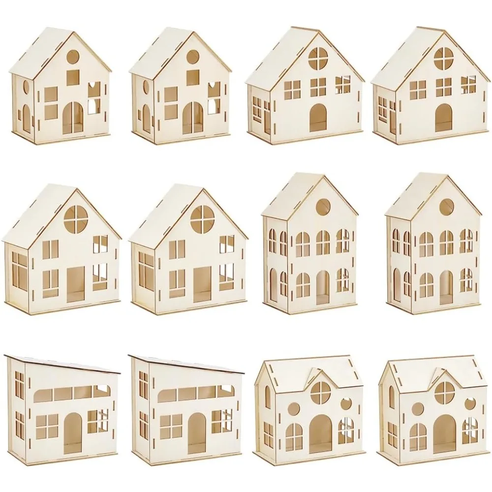 

12pcs DIY Christmas Village Sets Unfinished Wooden Houses for Crafts 6 Styles Mini Unassembled House for Indoor Room Landscape
