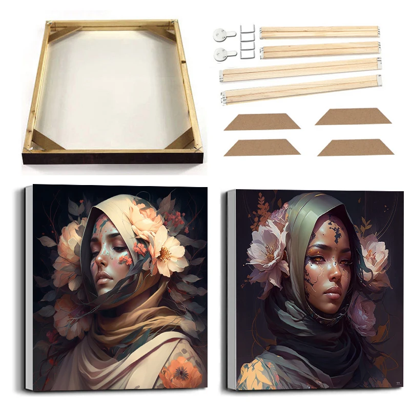 

Flowers Headscarf Woman Luxury Poster Prints with Frame Arab Female Wall Art Canvas Painting Abstract Figure Picture Living Room