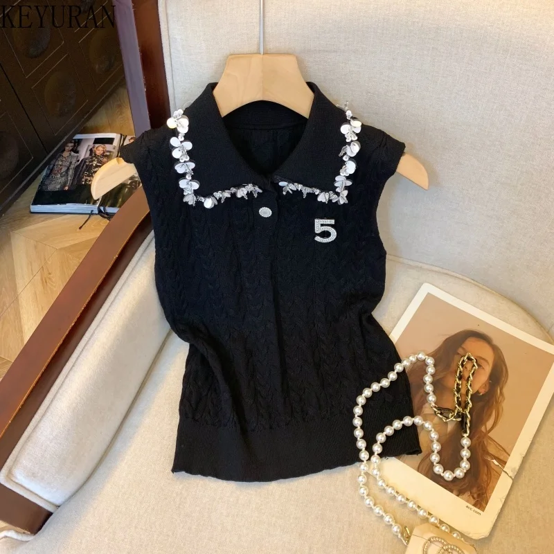 

Sequins Twists Knit Vest Women's 2025 New Summer Chic Turn-down Collar Girls Sleeveless Knitwear Tanks Y2k Crop Top Ladies Tees
