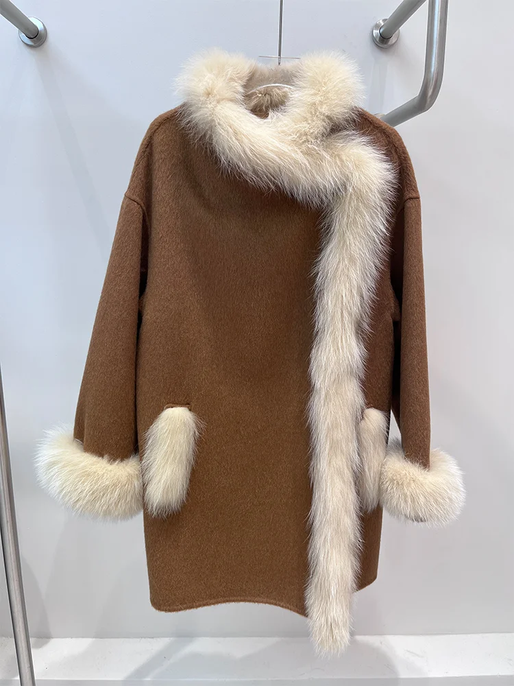 2025년 신상 겨울 따뜻한 여성용 천연 여우털 칼라 코트 재킷 울 망토 캐시미어 럭셔리 두꺼운 여성 코트