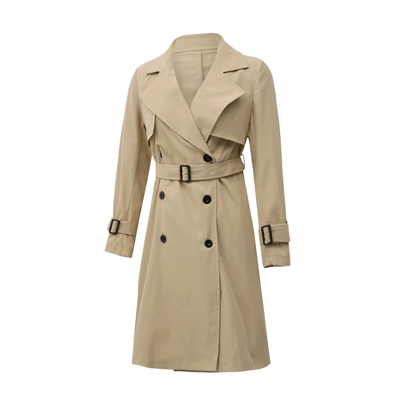 Ladies Casual Wind Coat, Spring Autumn Girls Solid Color Long Sleeve Lapel Double-breasted Outwear with Belt