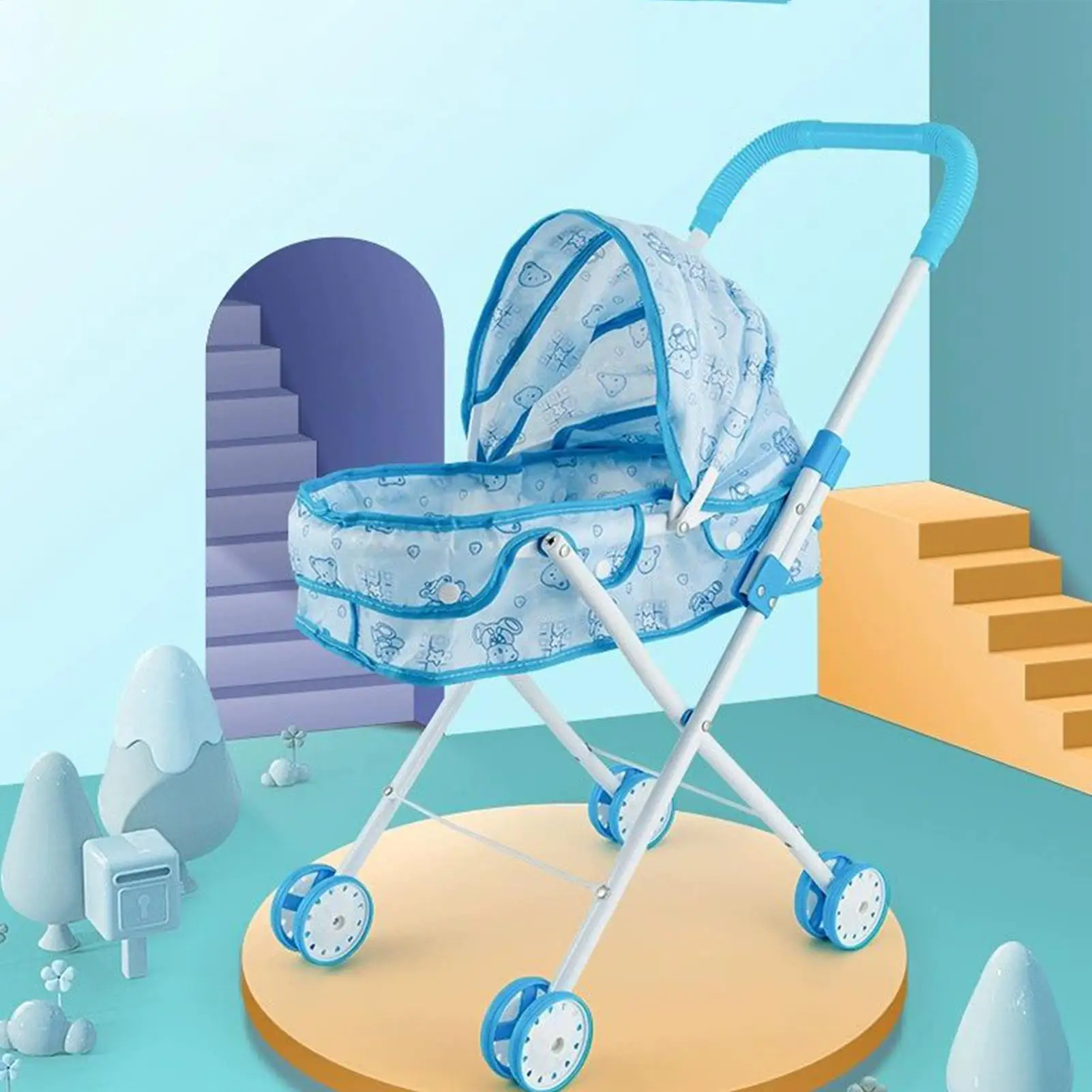 

Baby Doll Pram Pretend Play Stroller with Canopy Foldable Carriage Pushchair for Kids Girls Home Travel Party Birthday Gifts