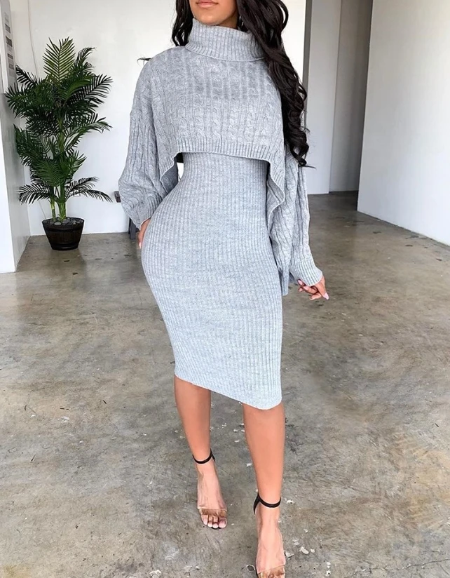 Women\'s Sweater Dress Set Autumn Winter New 2023 Solid Turtleneck Ribbed Sweater & Knitted Strap Dress Sets Matching Outfit