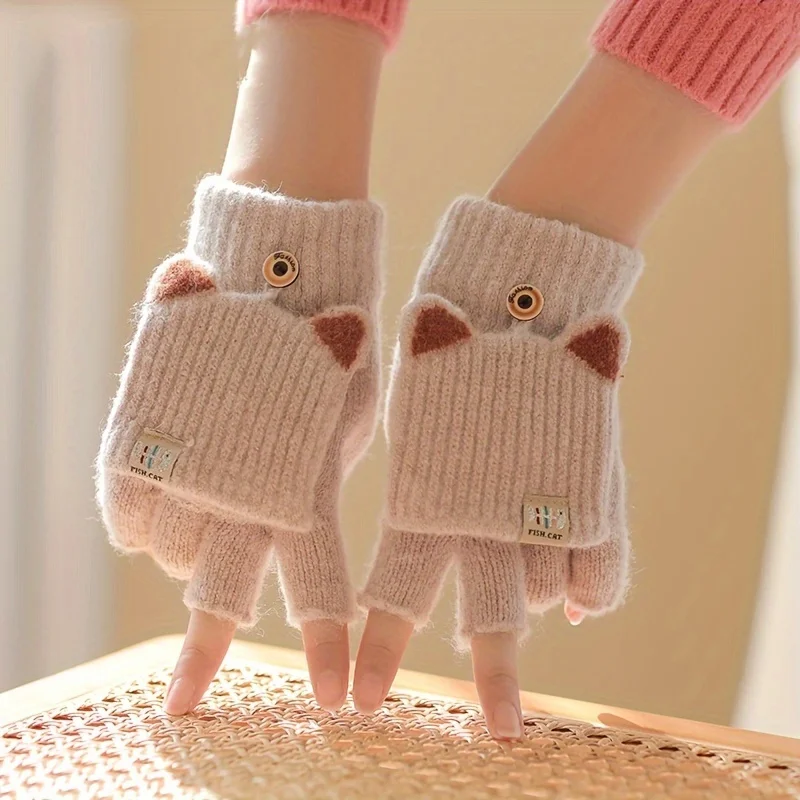 Winter Women Knitted Gloves Thick Woolen Female Mittens Cute Flip Fingerless Exposed Finger Girl Gloves For Cycling Hand Warmer