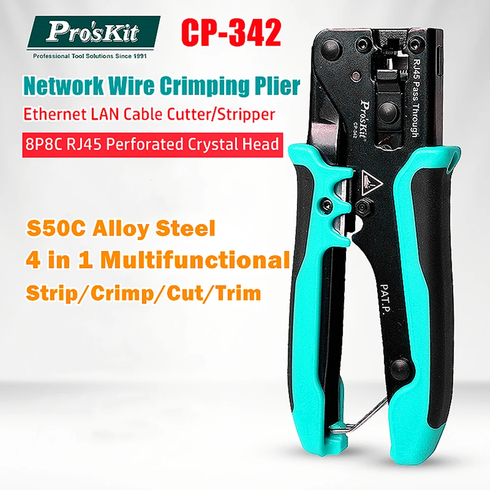 ProsKit CP-342 Wire Crimping Pliers 8P8C RJ45 Perforated Crystal Head Crimping Tool 4 In 1 Ethernet Network LAN Cable Stripper