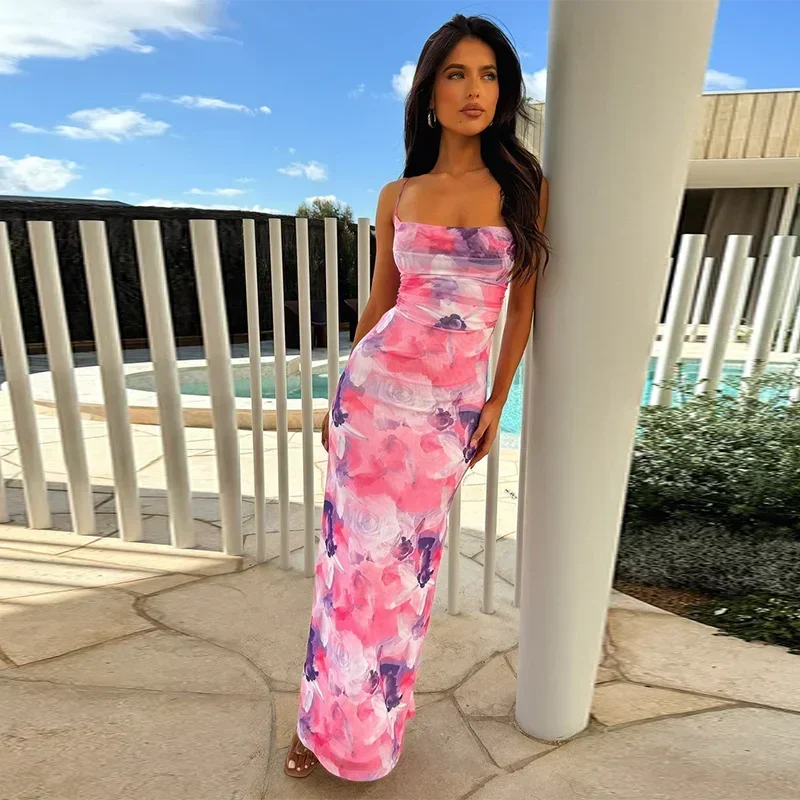 Vestido de design direcional elegante feminino 2025 verão novo impresso bolso pescoço halter vestido vestidos longos