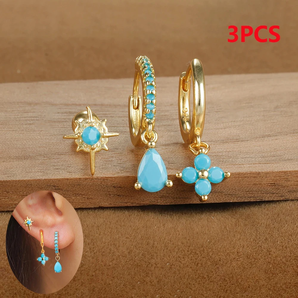 3PCS Stainless Steel Turquoise Zirconia Hoop Earrings Set For Women Huggies Water Drop Blue Star Cartilage Piercing Jewelry