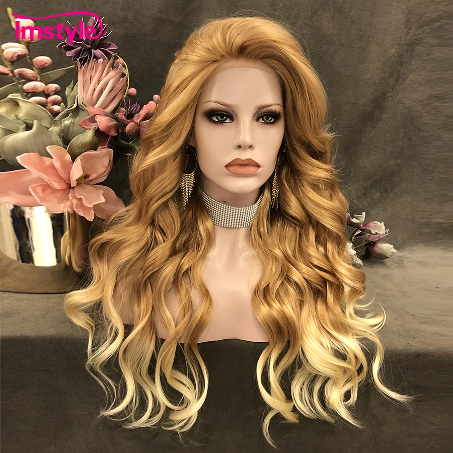 Imstyle Ombre Blonde Wig Wavy Synthetic Lace Front Wig Two Tone Long Hair Heat Resistant Fiber Cosplay Wigs