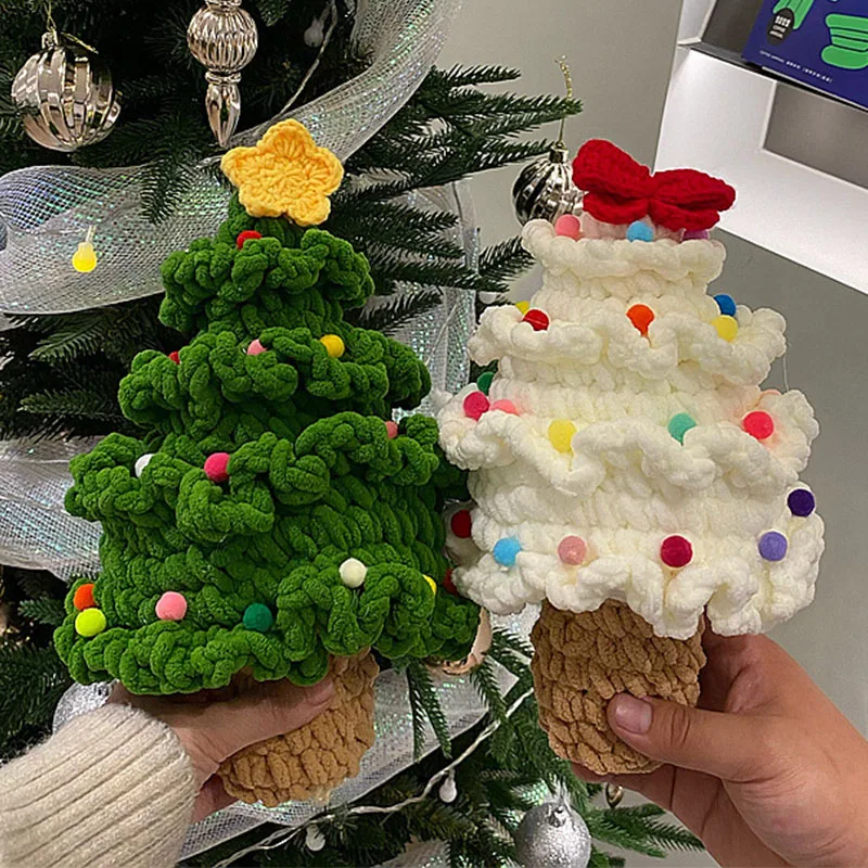 New Handmade Crochet Christmas Tree Finished Yarn DIY Knitting Wool Material Bag Hand Woven Xmas Tree Home Decor Christmas Gifts