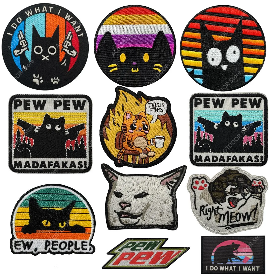 PEW PEW MADAFAKAS I DO WHAT I WANT, pegatina bordada de gato a rayas coloridas, mochila para exteriores, pegatina mágica, insignias tácticas