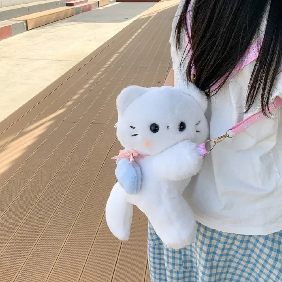 

New Lolita Girls Cartoon Soft Cute Angel Kitten Lying Bag Women Backpack Cute Exquisite Furry Backpack Versatile Messenger Bag