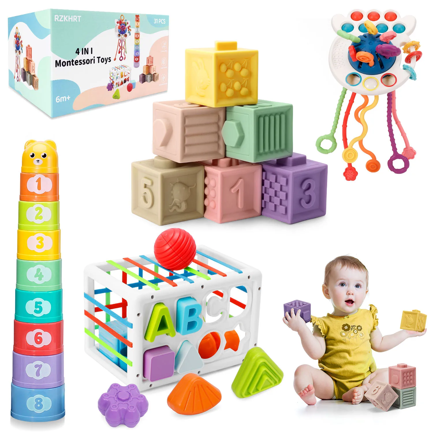 Baby Toy 6 9 12 Months, 4 in 1 Montessori Toy 1 2 3 Years, Baby Sensory Toys, Stackable Cup Blocks, Activity Cube Shape Sorter