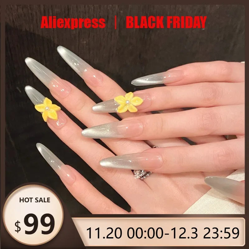 

10 шт. ногти ручной работы с градиентом мятно-зеленого цвета премиум-класса, летние длинные заостренные ногти с цветочным принтом, идеальный подарок для женщин и друзей